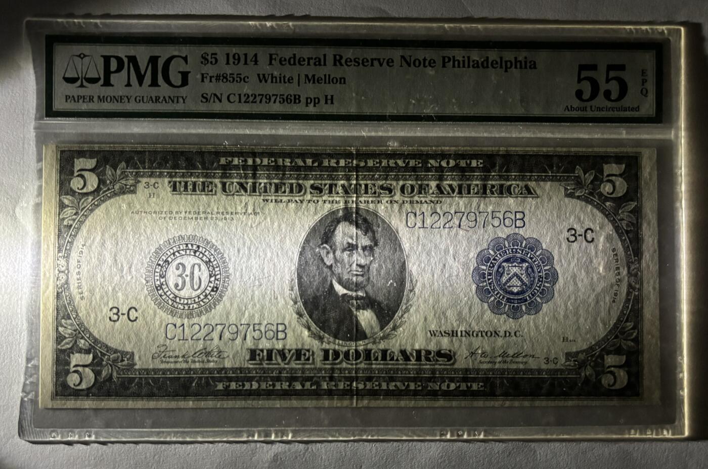 Chase Auction 第29期 - - 邮票、银币、外钞、民国钞和人民币混合场！（持续更新中） 1914年 5美元 大尺寸时代 联邦储备券 PMG严格评级 老壳55EPQ 费城分区（稀缺分区）号码无4