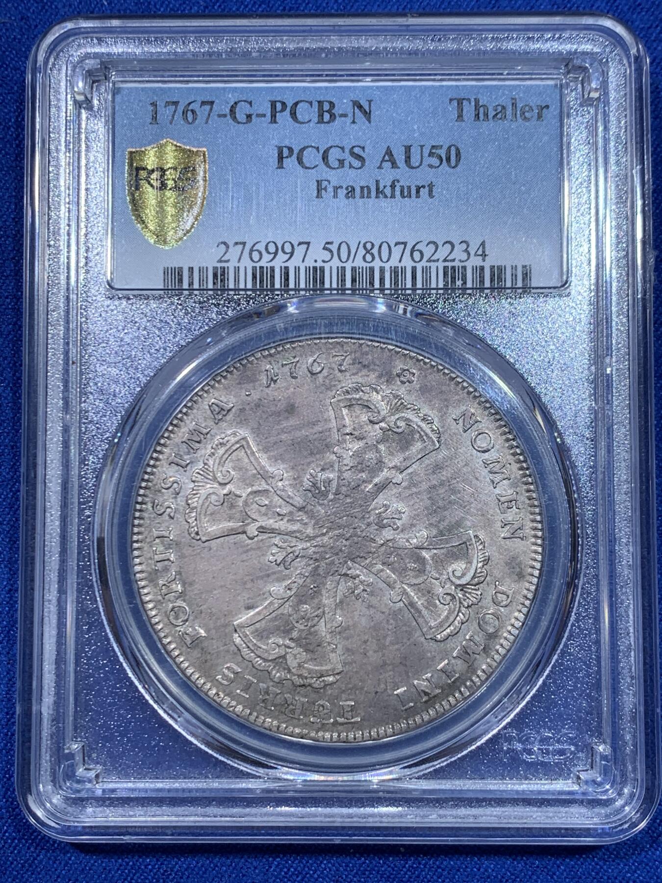《竞宝斋》立夏专场特拍 （第2-1场）全场顺丰包邮 265场 唯一冠军分 PCGS AU50 德国 1767 法兰克福自由城 泰勒大银币 只存在2年的德邦 很难遇到的品种