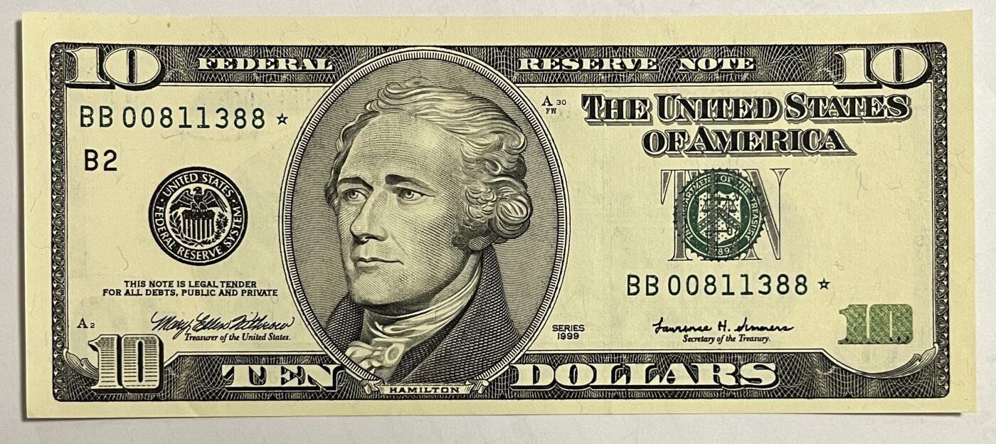 Chase Auction 第29期 - - 邮票、银币、外钞、民国钞和人民币混合场！（持续更新中） 1999年（稀缺年份）大头版 10美元 联邦储备券 两张 双⭐补号 号码不错