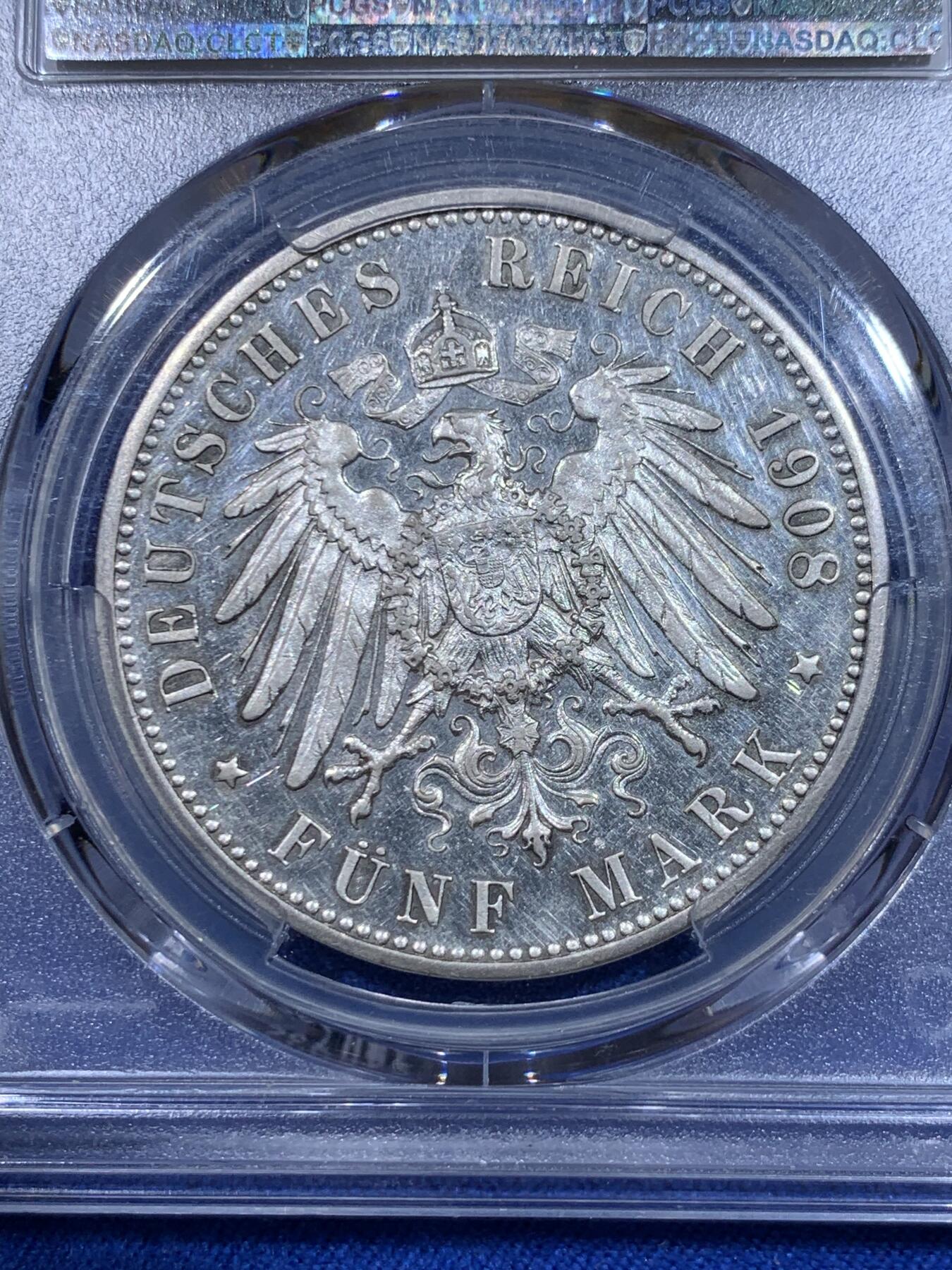 《竞宝斋》立夏专场特拍 （第2-1场）全场顺丰包邮 265场 PCGS PR 德国1908F符腾堡精制5马克银币 镜面效果还行 流通5马克精制十分稀少 这枚也就几百枚的量 sbp62分成交1140刀