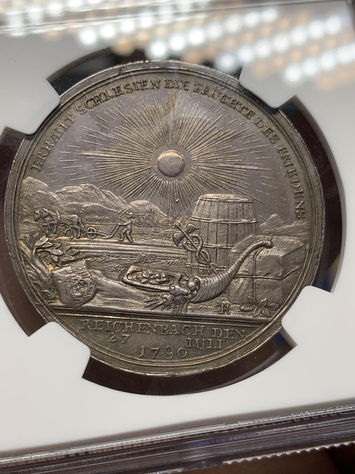 《竞宝斋》立夏专场特拍 （第2-1场）全场顺丰包邮 265场 NGC MS62 德国 1790 勃兰登堡-普鲁士 威廉二世 《赖兴巴赫公约》纪念银章 丰富的细节 值得入手