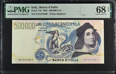 《张总收藏》149期-五一外币小高货场 - 意大利1997年500,000里拉最大面值PMG68E超高亚军分无4双尾66 意大利著名画家拉斐尔 更高分仅2张