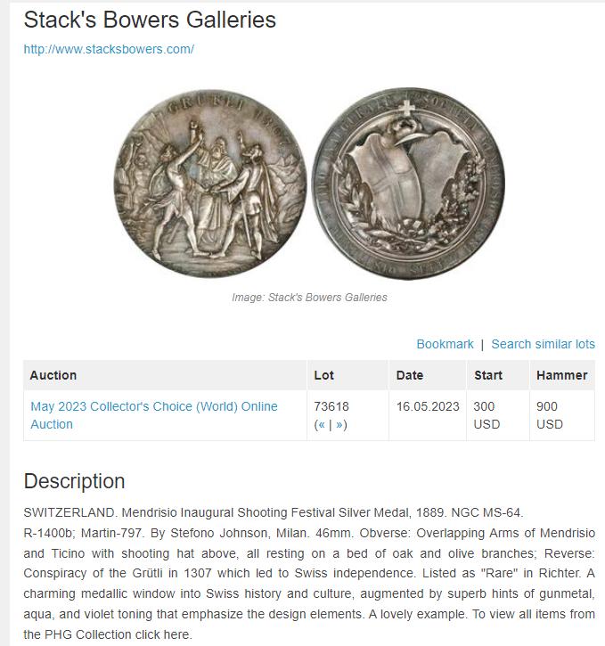 《竞宝斋》立夏专场特拍 （第2-1场）全场顺丰包邮 265场 NGC MS63 瑞士1889年提契诺州射击节大银章 罕见品种 热门系列 人物高点俱在 藏家多年藏品出品 最近64分的1080美元成交