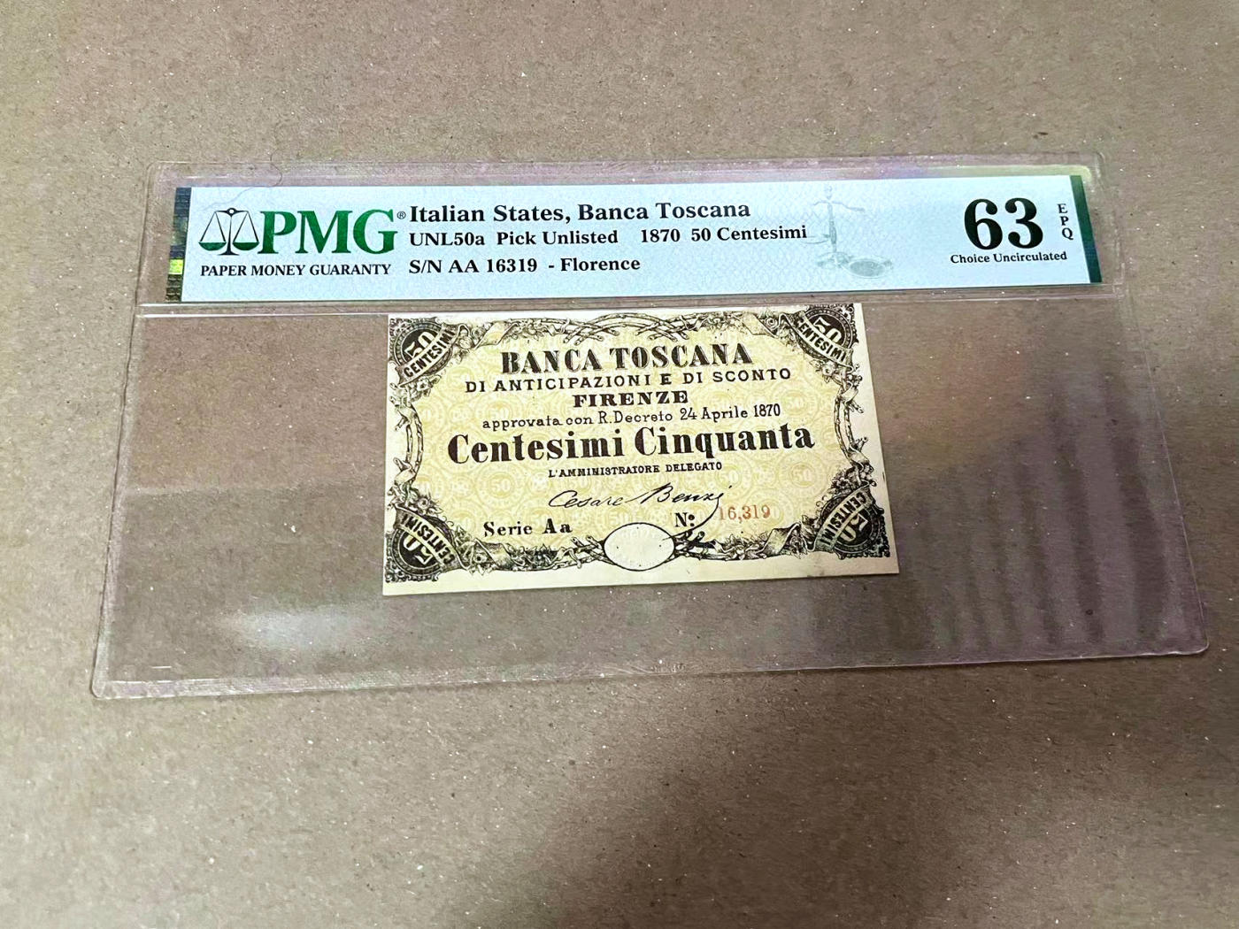 【Blue Auction】✨世界纸币精拍第471期【精】 【AA无47】意大利 早期 1870年50分 PMG63EPQ 