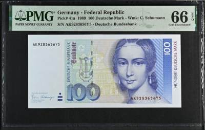 《张总收藏》149期-五一外币小高货场 - 德国1989年初版100马克PMG66E无47 德国女钢琴家作曲家克拉拉.舒曼