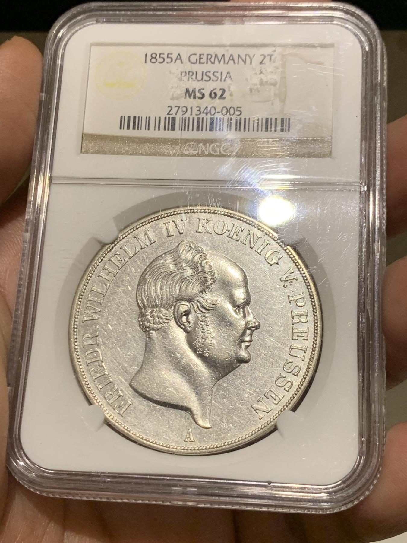 《竞宝斋》立夏专场特拍 （第2-1场）全场顺丰包邮 265场 NGC MS62 德国1855年 普鲁士经典洋葱头2泰勒 37克大银币 PL底板拍照不易，早期NGC保存的很不错