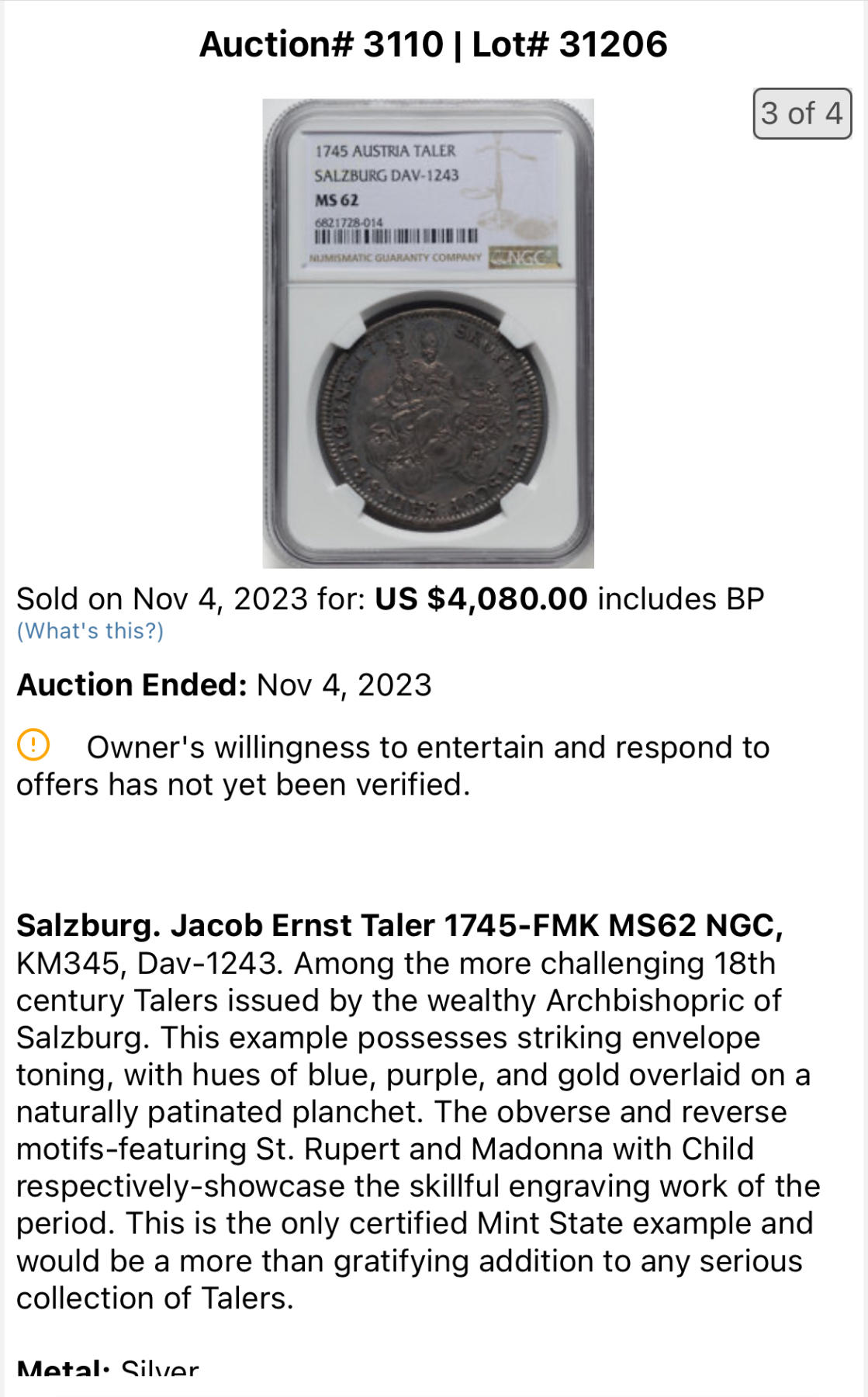 《竞宝斋》立夏专场特拍 （第2-1场）全场顺丰包邮 265场 冠军分 NGC MS62 神圣罗马帝国1745奥地利萨尔茨堡主教泰勒 列支敦士登大主教雅各布·欧内斯特亲王银币 罕见品种 PL底板全深打