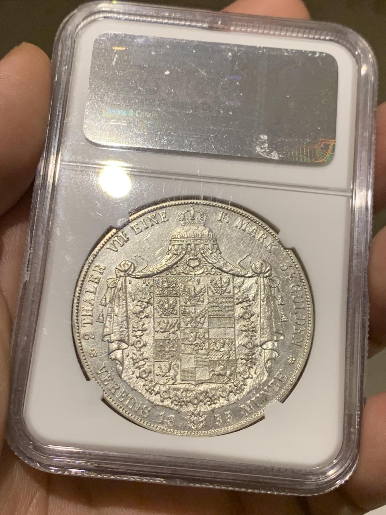 《竞宝斋》立夏专场特拍 （第2-1场）全场顺丰包邮 265场 NGC MS62 德国1855年 普鲁士经典洋葱头2泰勒 37克大银币 PL底板拍照不易，早期NGC保存的很不错