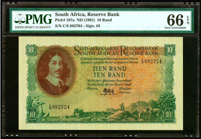 【Blue Auction】✨世界纸币精拍第471期【精】 - 南非 1961年10兰特 动物大迁徙 PMG66EPQ 设计精美 老壳 
