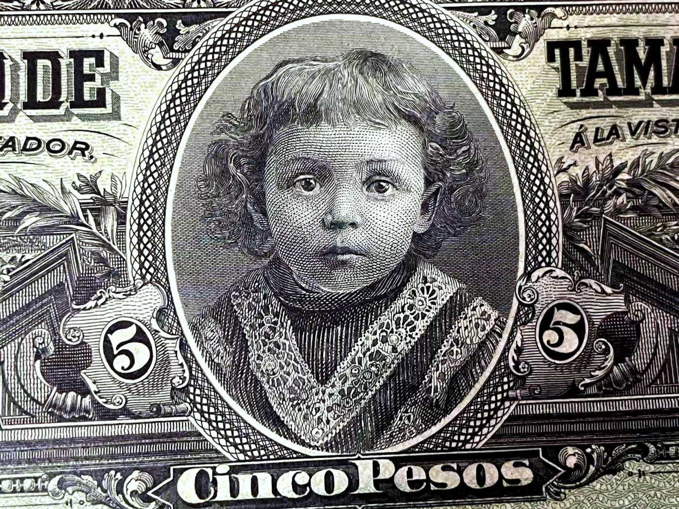 【Blue Auction】✨世界纸币精拍第471期【精】   墨西哥 1902年5比索 二犬观湖 小女孩  ABNC出品雕刻精美 全新UNC 大票幅