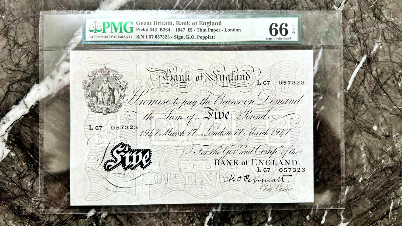 【Blue Auction】✨世界纸币精拍第471期【精】  英国 1947年5镑 白色英镑 大票幅 PMG66EPQ 老壳子