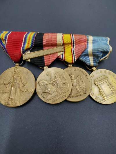 老王徽章第三十八期 - 美国二战韩战联排奖章    带“亚洲勋条”海军占领军服役、二战胜利、韩战服役等，早期实发手缝版