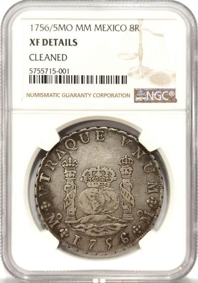 博洋堂世界钱币拍卖第163期（全场包邮） - NGC XF 西属墨西哥1756/5年MO MM斐迪南六世地球双柱银币，罕见骑字版，21年XF45的成交就已经超过1050美金