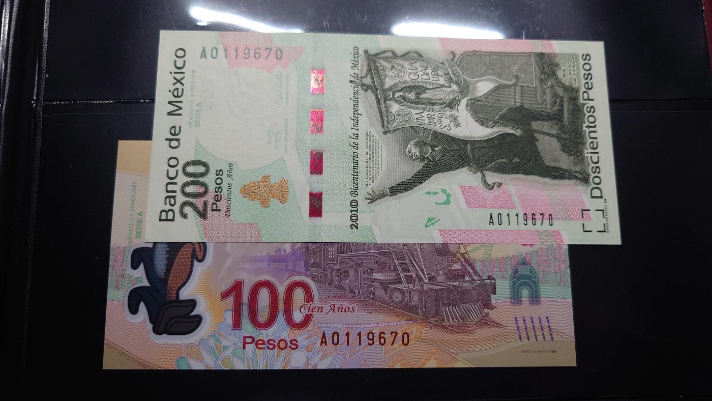 【世界钱币】精选微拍第103期暨2024年第14期  部分卖剩新品展示 墨西哥100+200比索 纪念钞全同号一对带原装册 全新绝品无4