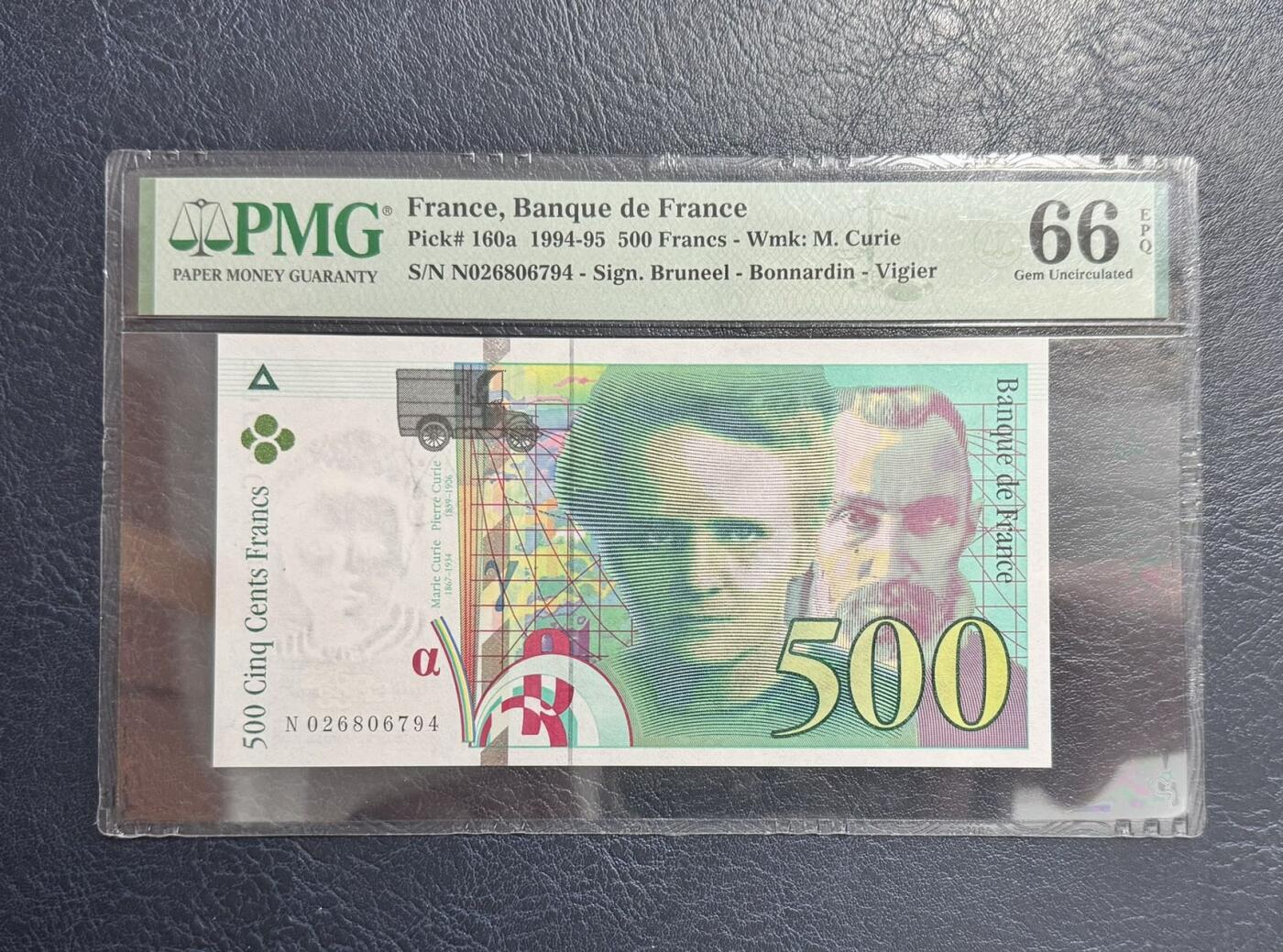 收藏联盟Quantum Auction 第343期拍卖  法国1994-95年500法郎 PMG66 首发年份  两届诺贝尔化学奖得主 居里夫人