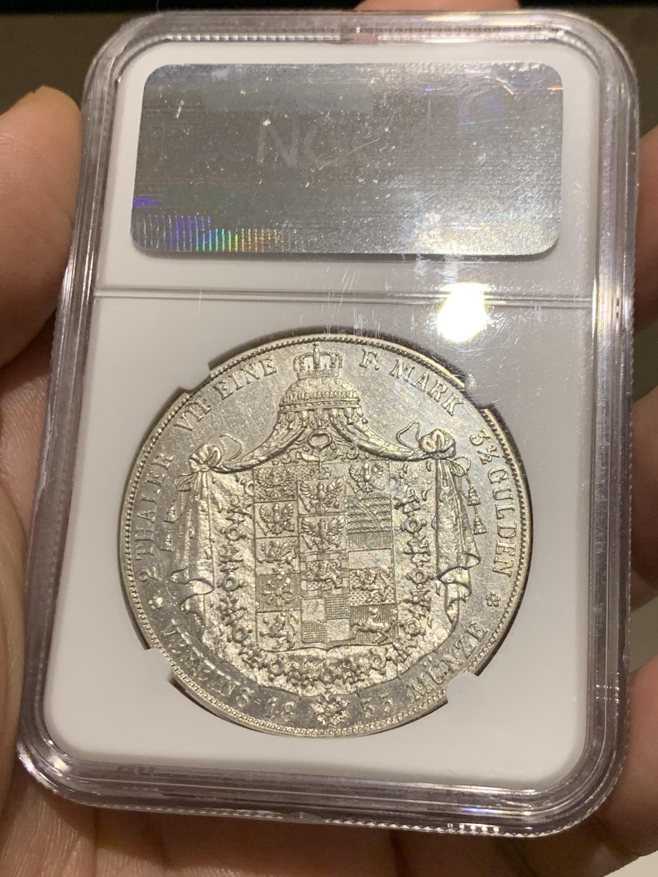 《竞宝斋》立夏专场特拍 （第2-1场）全场顺丰包邮 265场 NGC MS62 德国1855年 普鲁士经典洋葱头2泰勒 37克大银币 PL底板拍照不易，早期NGC保存的很不错