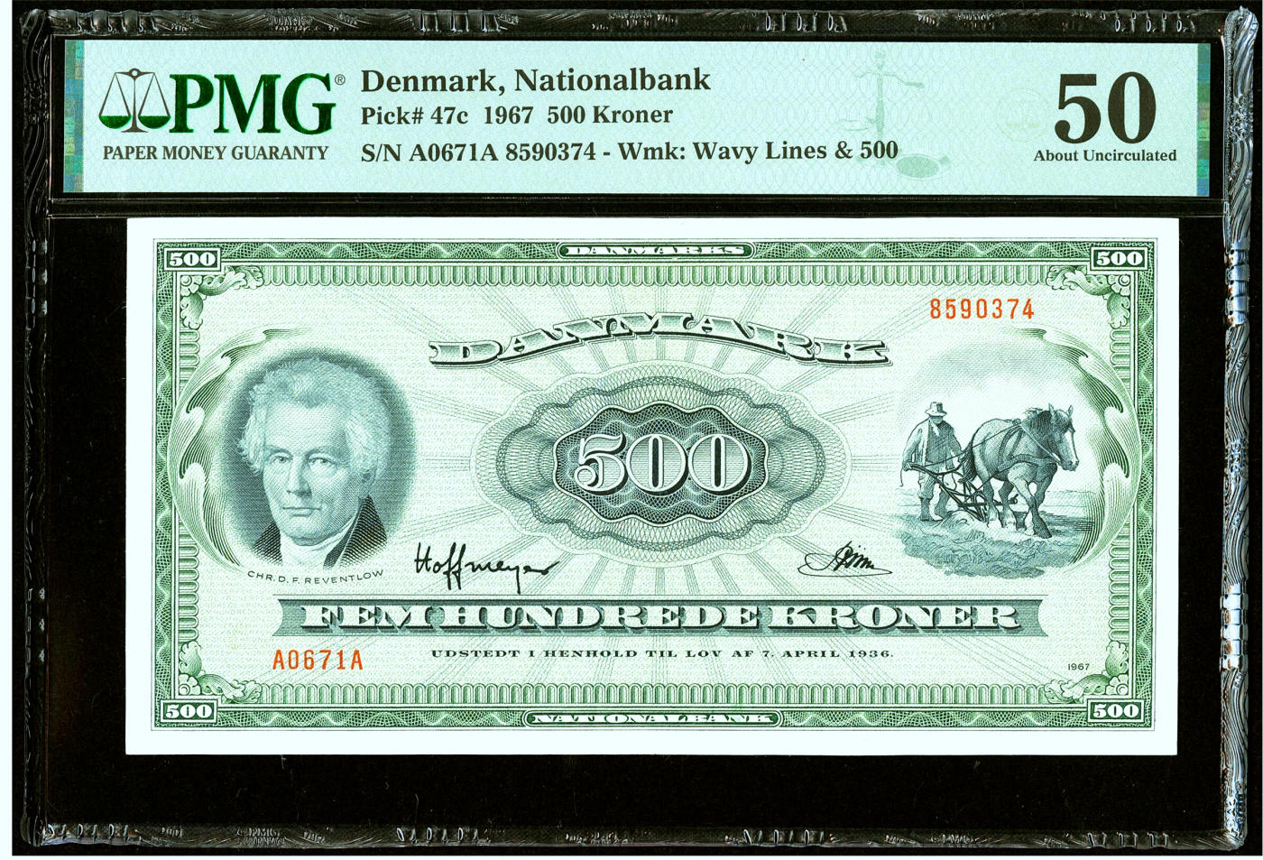 【Blue Auction】✨世界纸币精拍第471期【精】 丹麦 1967年500克朗 最高值 PMG50 背面罗斯基勒风光非常唯美 耐看经典品种