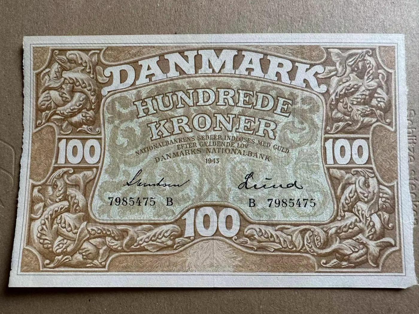 【Blue Auction】✨世界纸币精拍第471期【精】 丹麦 1943年100克朗 维京战吼 AU