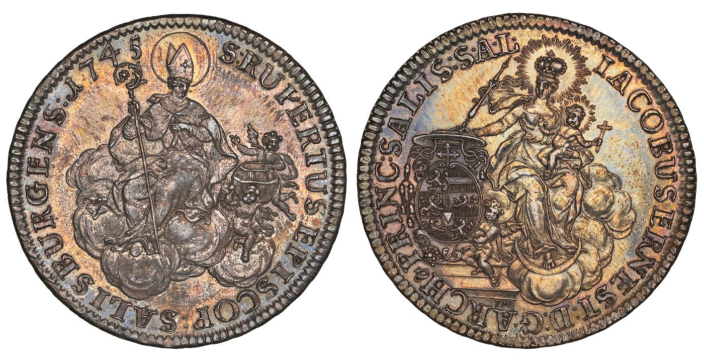 《竞宝斋》立夏专场特拍 （第2-1场）全场顺丰包邮 265场 冠军分 NGC MS62 神圣罗马帝国1745奥地利萨尔茨堡主教泰勒 列支敦士登大主教雅各布·欧内斯特亲王银币 罕见品种 PL底板全深打