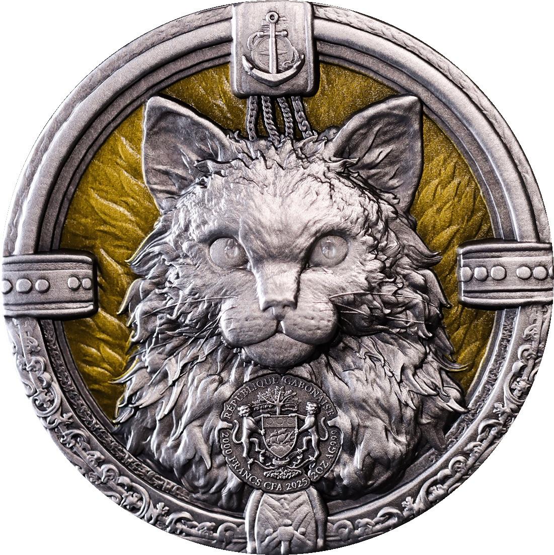 CSIS-GREAT评级精品钱币拍卖第二百四十五期 加蓬2025年海上舰猫2盎司仿古双面彩色夜光高浮雕纪念银币