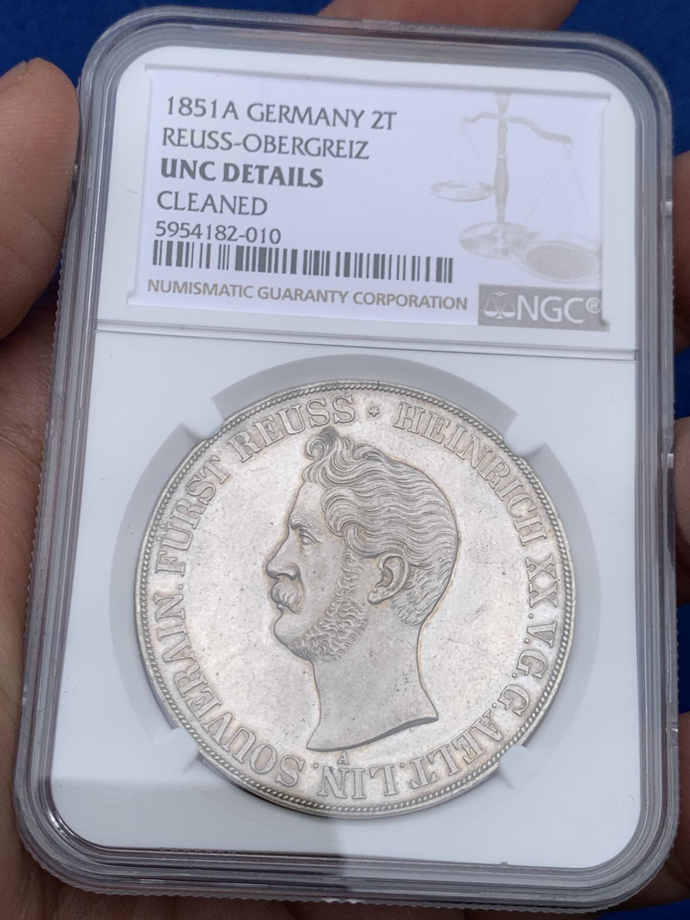 《竞宝斋》立夏专场特拍 （第2-1场）全场顺丰包邮 265场 NGC UNC 德国 1851 罗伊斯-格赖茨公国 2泰勒37克 大银币  资料记录发行量只有2400枚 稀缺品种