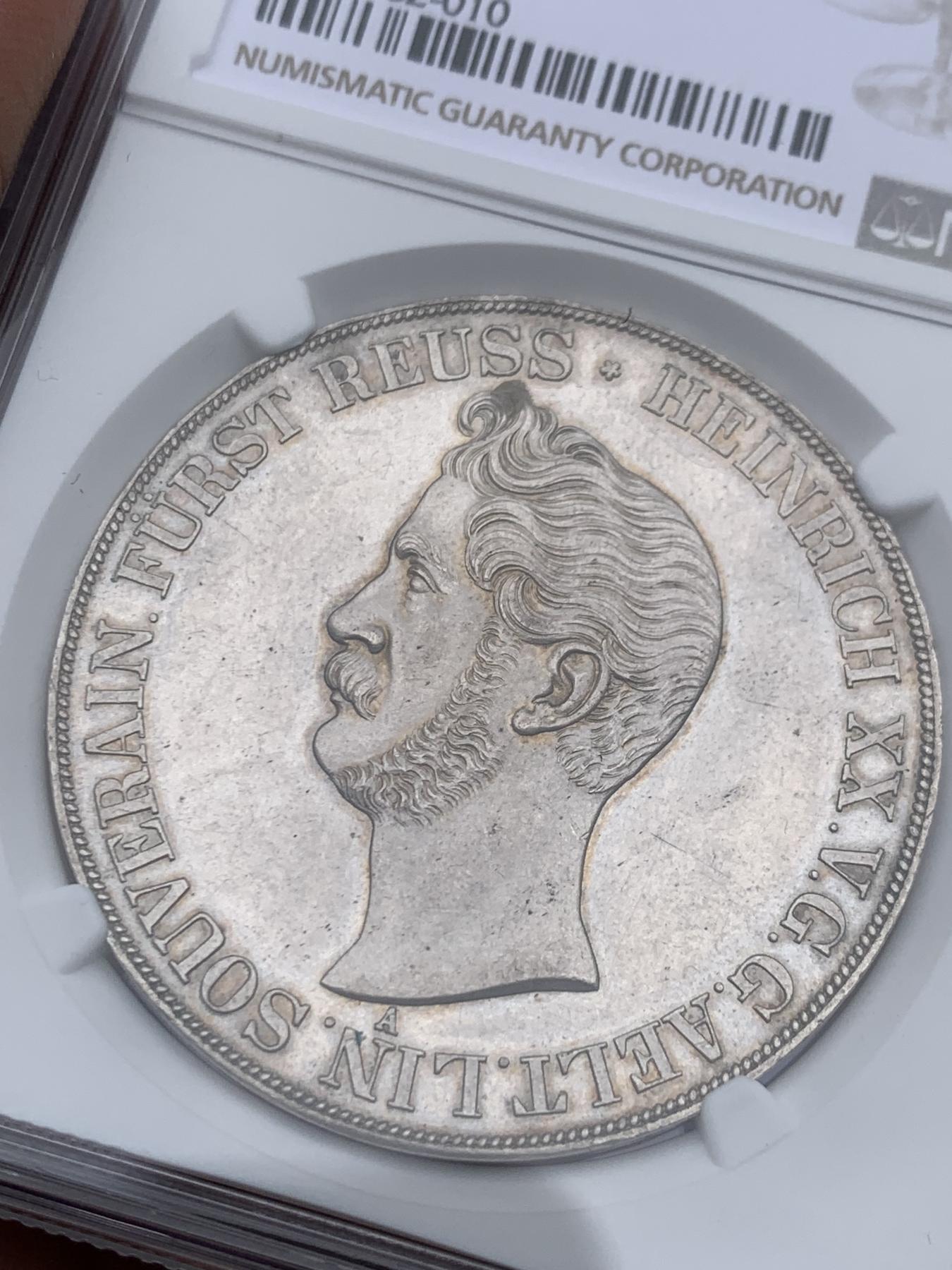 《竞宝斋》立夏专场特拍 （第2-1场）全场顺丰包邮 265场 NGC UNC 德国 1851 罗伊斯-格赖茨公国 2泰勒37克 大银币  资料记录发行量只有2400枚 稀缺品种