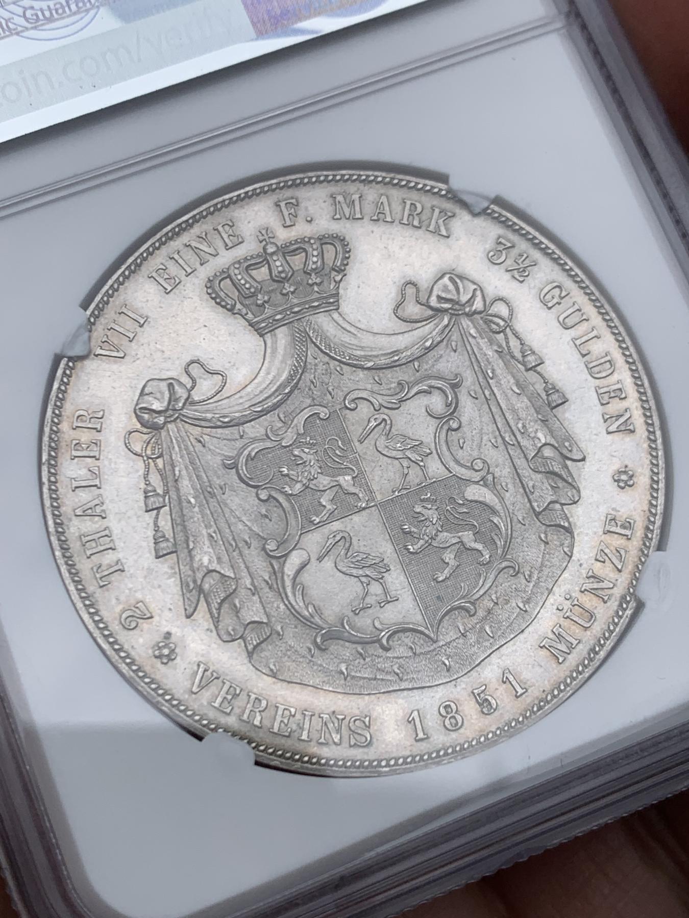 《竞宝斋》立夏专场特拍 （第2-1场）全场顺丰包邮 265场 NGC UNC 德国 1851 罗伊斯-格赖茨公国 2泰勒37克 大银币  资料记录发行量只有2400枚 稀缺品种