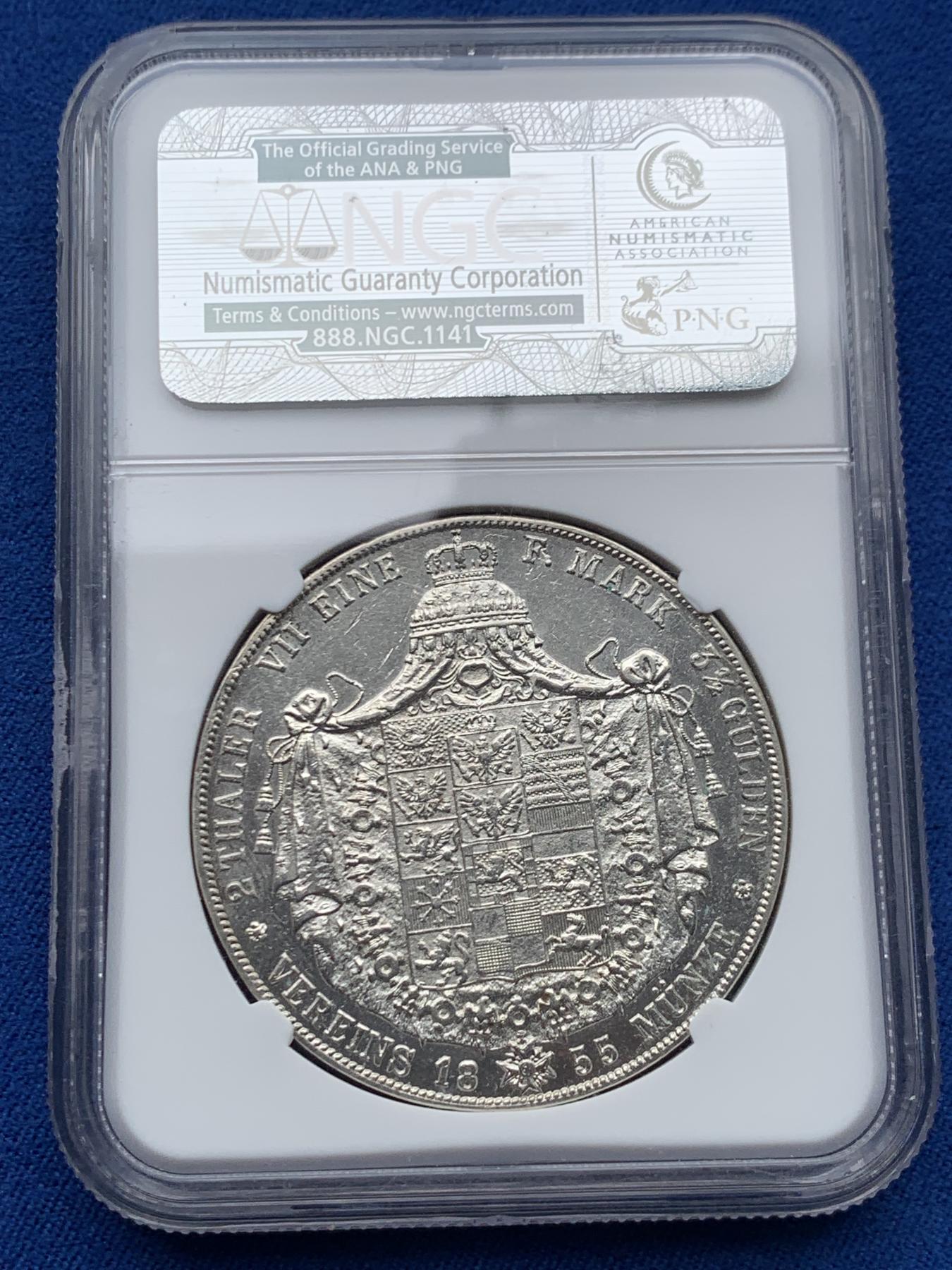 《竞宝斋》立夏专场特拍 （第2-1场）全场顺丰包邮 265场 NGC MS62 德国1855年 普鲁士经典洋葱头2泰勒 37克大银币 PL底板拍照不易，早期NGC保存的很不错