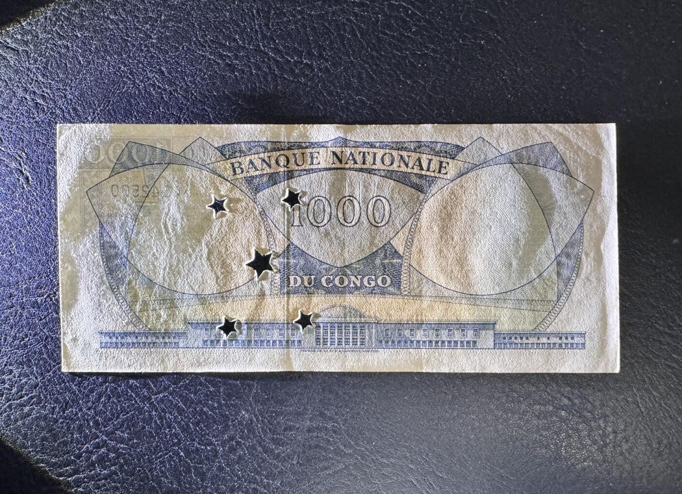收藏联盟Quantum Auction 第343期拍卖  刚果共和国1964年1000法郎打孔注销票 品相UNC- 有黄 