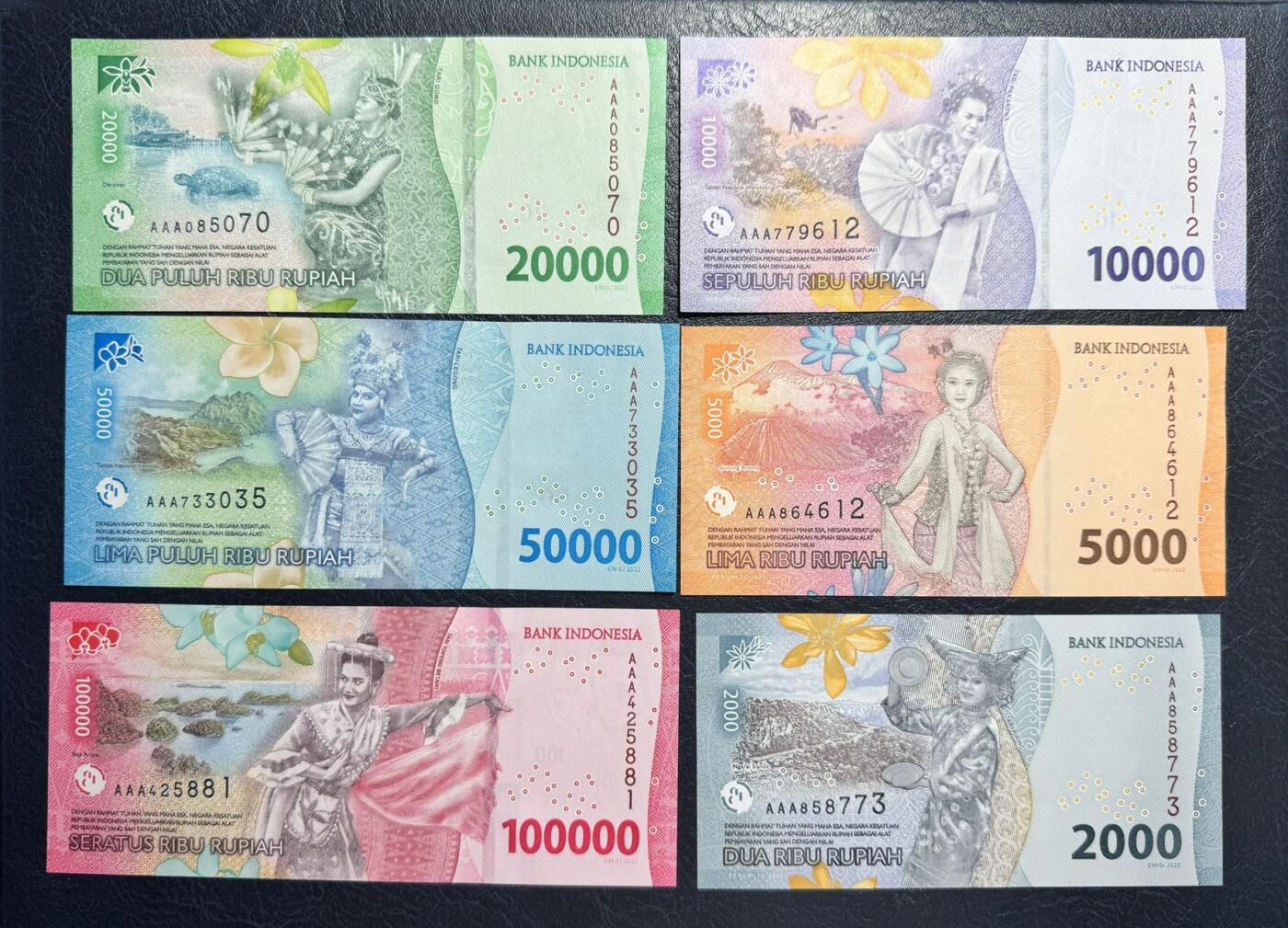 收藏联盟Quantum Auction 第343期拍卖  印度尼西亚2022年1000-100000卢比首发AAA冠一套 品相全新UNC