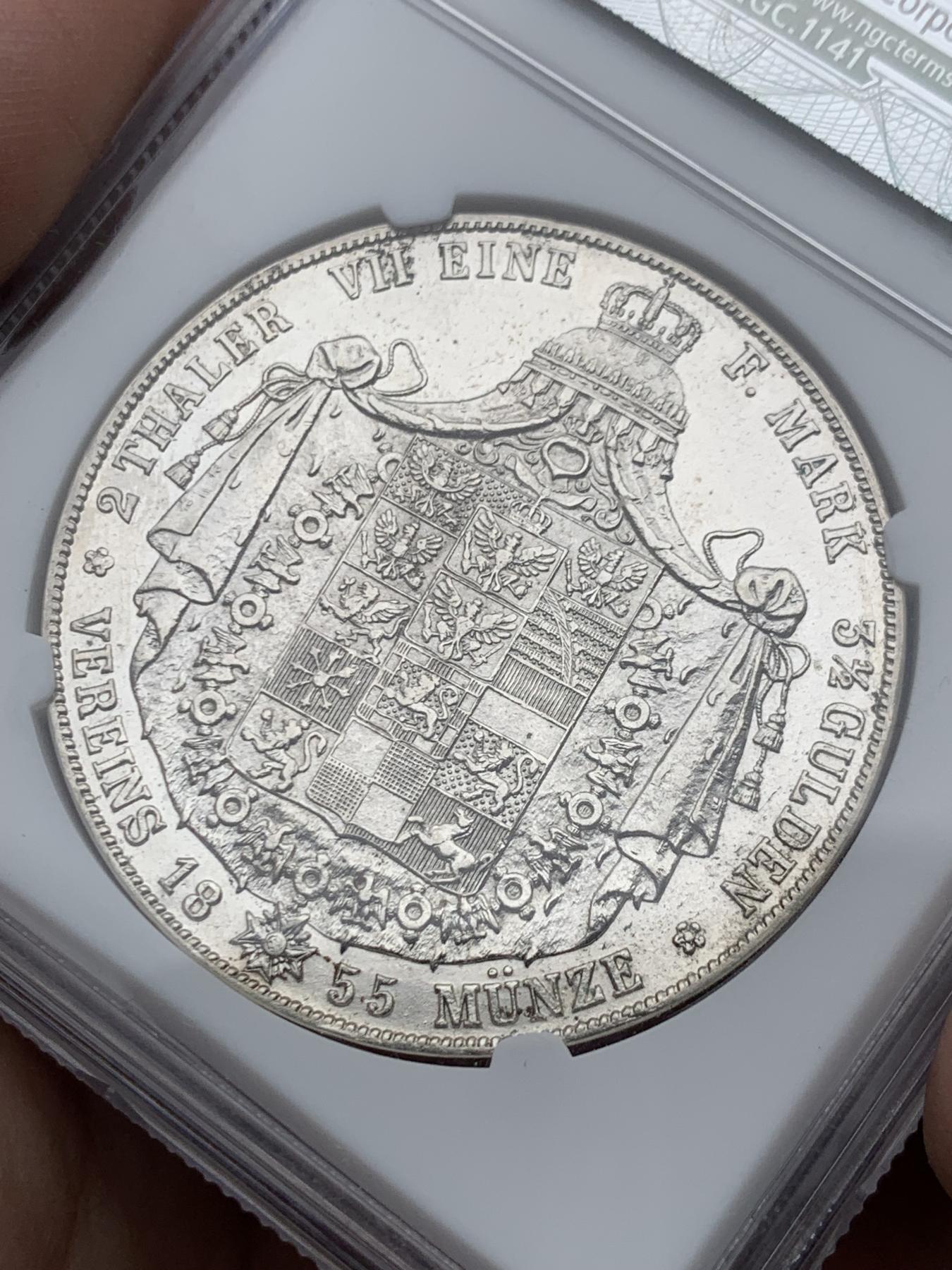 《竞宝斋》立夏专场特拍 （第2-1场）全场顺丰包邮 265场 NGC MS62 德国1855年 普鲁士经典洋葱头2泰勒 37克大银币 PL底板拍照不易，早期NGC保存的很不错