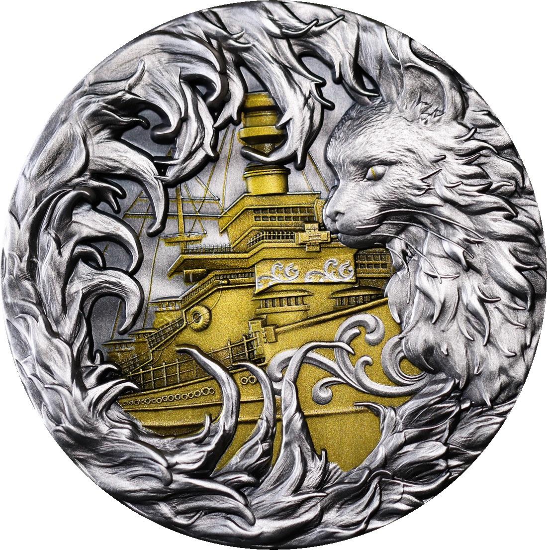 CSIS-GREAT评级精品钱币拍卖第二百四十五期 加蓬2025年海上舰猫2盎司仿古双面彩色夜光高浮雕纪念银币