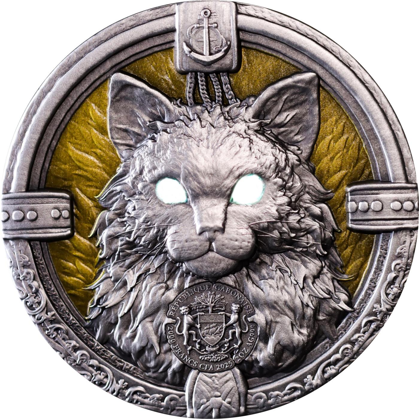 CSIS-GREAT评级精品钱币拍卖第二百四十五期 加蓬2025年海上舰猫2盎司仿古双面彩色夜光高浮雕纪念银币