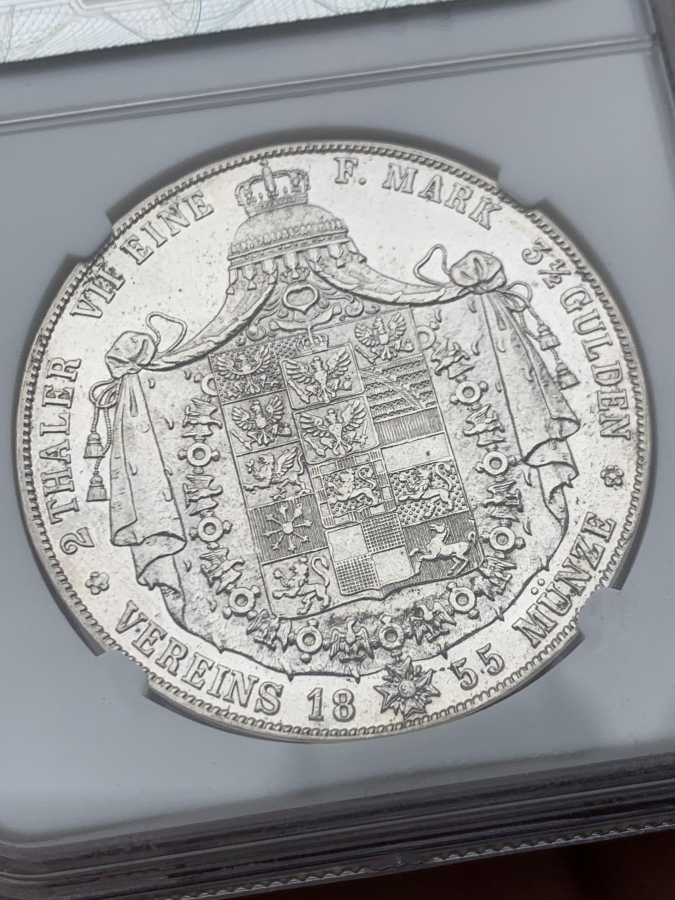 《竞宝斋》立夏专场特拍 （第2-1场）全场顺丰包邮 265场 NGC MS62 德国1855年 普鲁士经典洋葱头2泰勒 37克大银币 PL底板拍照不易，早期NGC保存的很不错