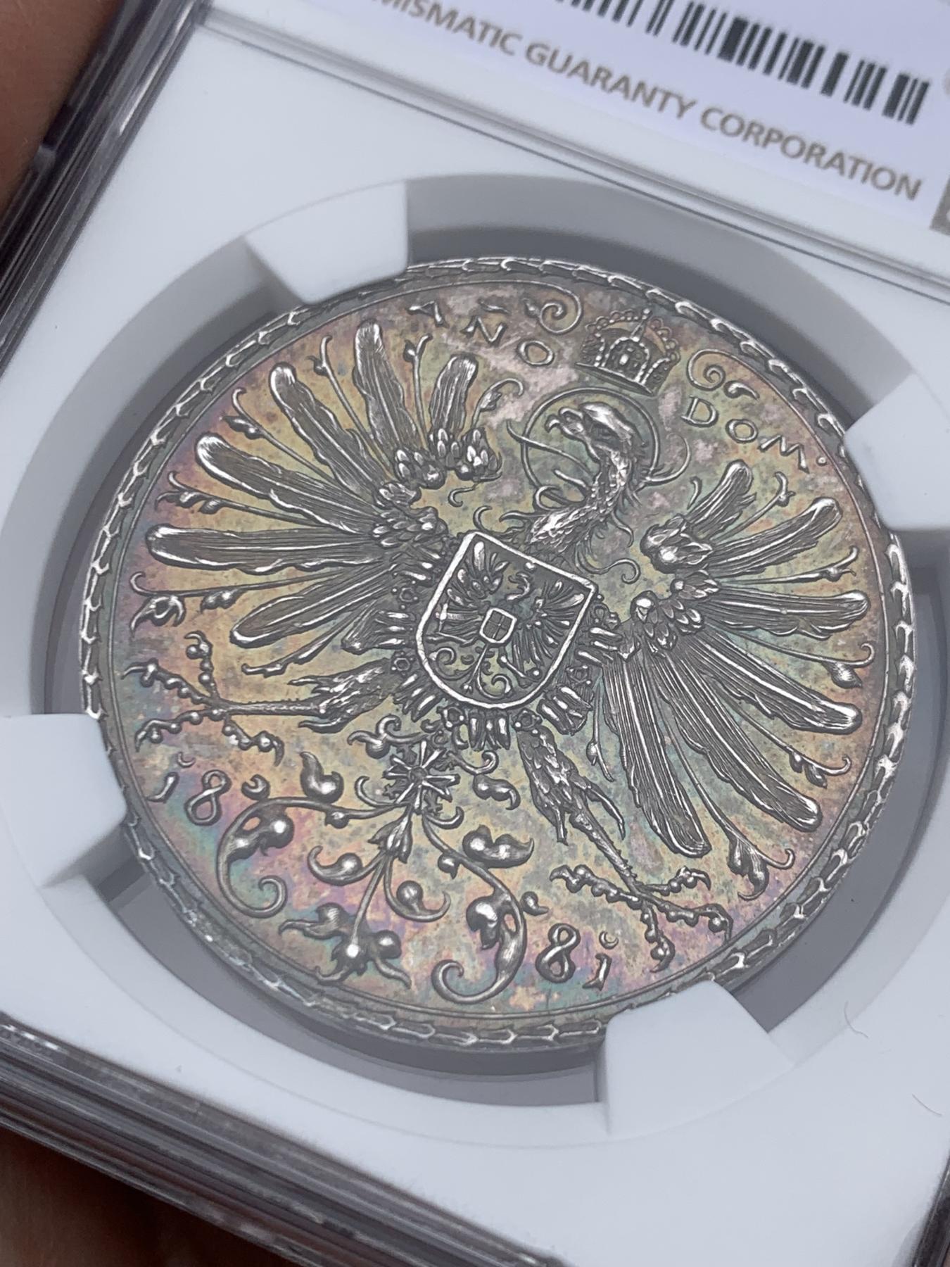 《竞宝斋》立夏专场特拍 （第2-1场）全场顺丰包邮 265场 NGC MS67 德国1881年巴伐利亚射击节银章 唯一冠军分！毫无磨损＋五彩包浆的顶级状态 颜值拉满（此章分为慕尼黑市和巴伐利亚州两版本，此枚为数量更少的州版）