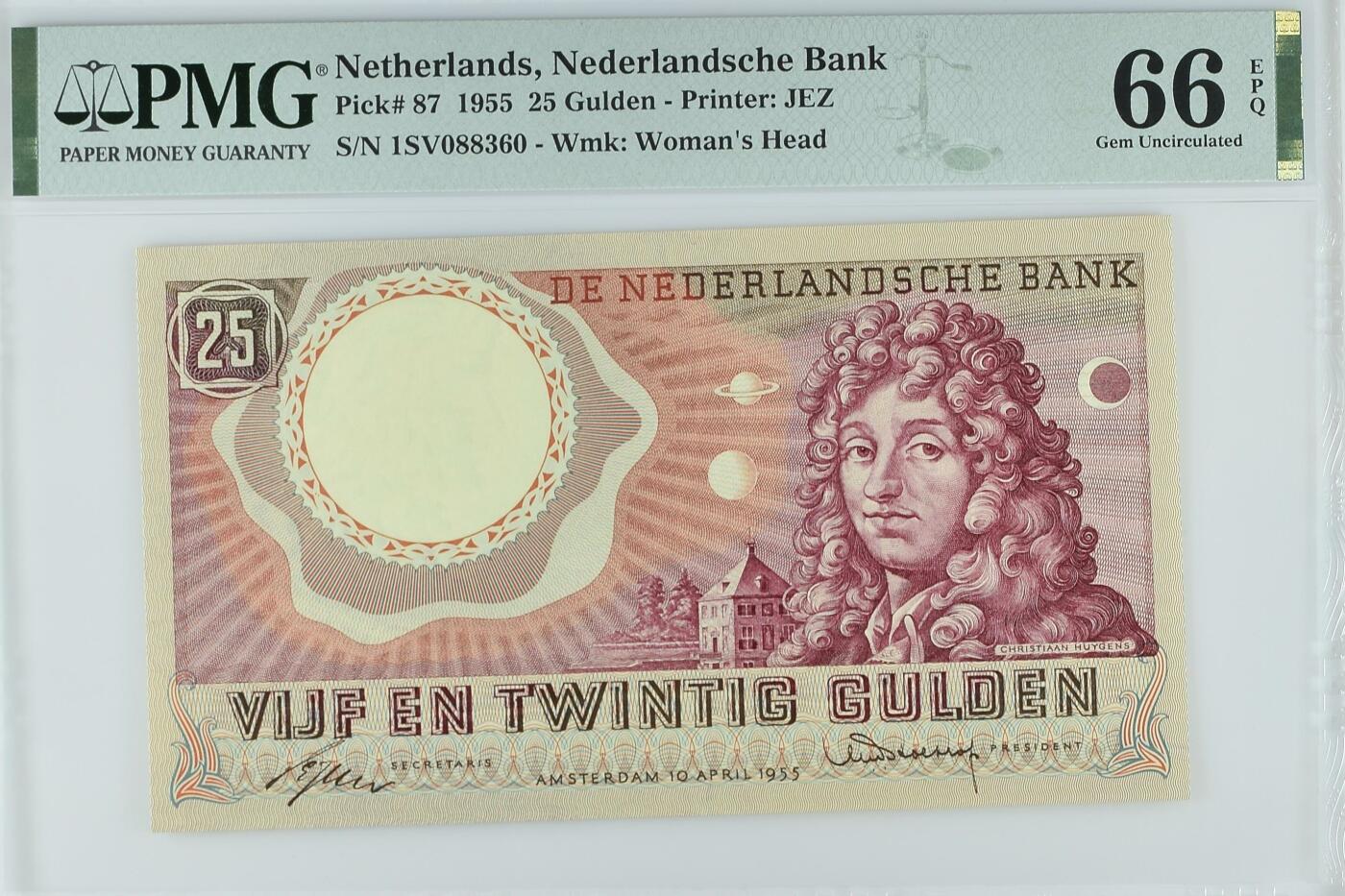 收藏联盟Quantum Auction 第343期拍卖  荷兰1955年25盾 PMG66 天文学家惠更斯 号码无457
