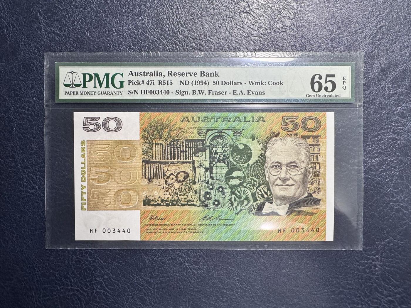 收藏联盟Quantum Auction 第343期拍卖  澳大利亚1994年50元 PMG65  青霉素萃取提纯并投入临床应用者 弗洛里