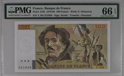 收藏联盟Quantum Auction 第343期拍卖  - 法国1979-86年100法郎 PMG66 自由引导人民 号码无47
