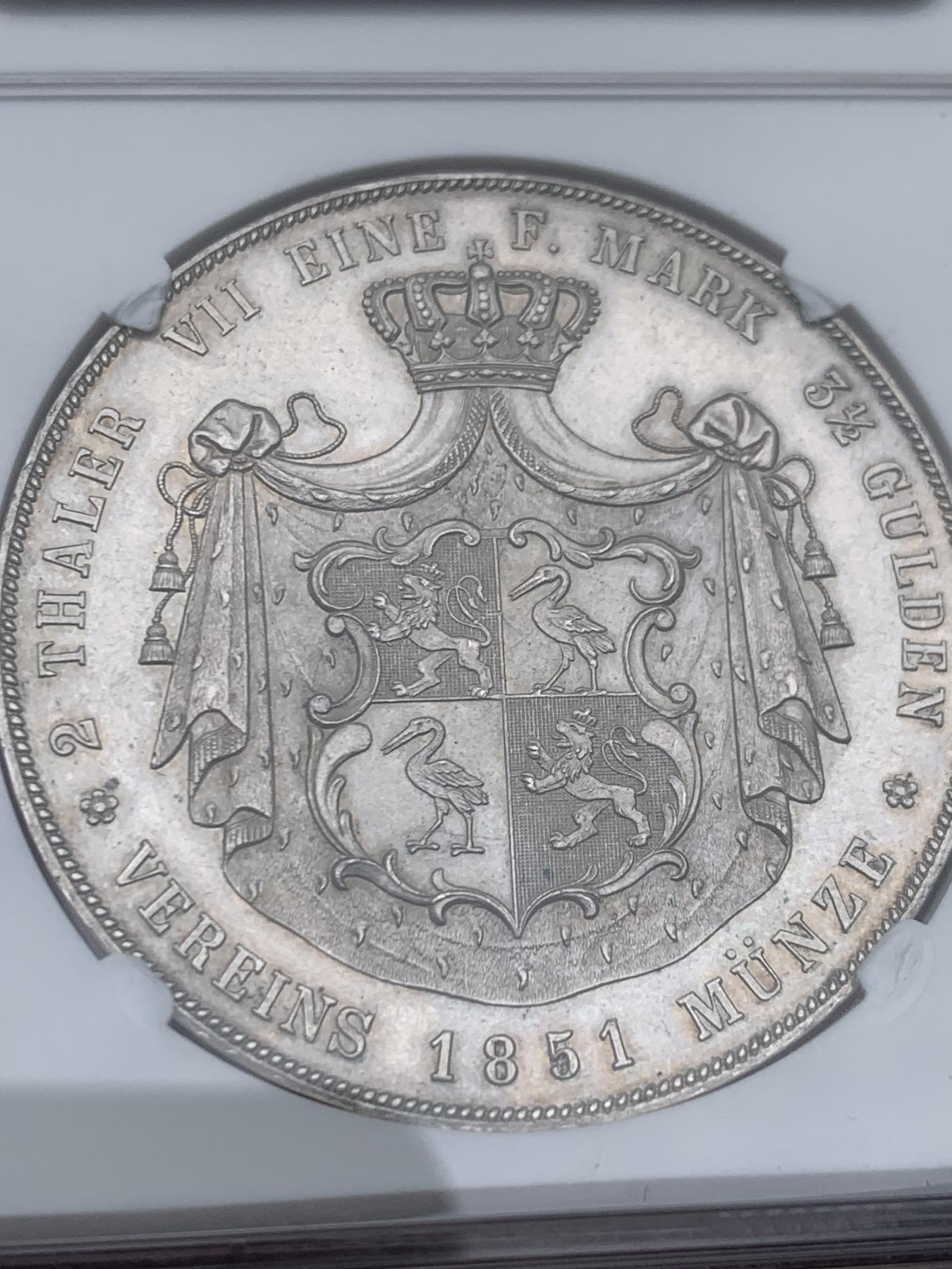 《竞宝斋》立夏专场特拍 （第2-1场）全场顺丰包邮 265场 NGC UNC 德国 1851 罗伊斯-格赖茨公国 2泰勒37克 大银币  资料记录发行量只有2400枚 稀缺品种