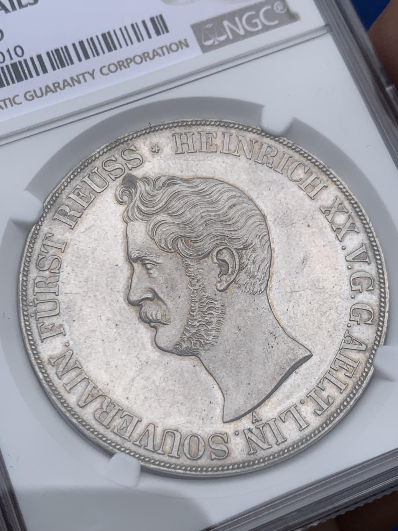 《竞宝斋》立夏专场特拍 （第2-1场）全场顺丰包邮 265场 NGC UNC 德国 1851 罗伊斯-格赖茨公国 2泰勒37克 大银币  资料记录发行量只有2400枚 稀缺品种