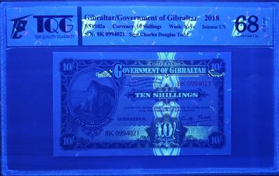 PThappally收藏第30次拍卖，英联邦地区硬币纸币 - GIBRALTAR, Government of Gibraltar 2018 10 Shillings, Pick 41 S/N # 8K 0994021, TQG 68 GEPQ Superb Gem UNC