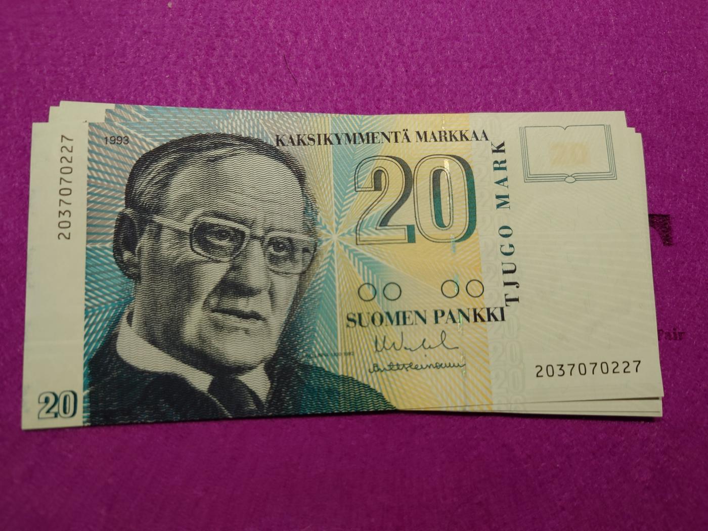 【世界钱币】精选微拍第103期暨2024年第14期  部分卖剩新品展示 1993年芬兰20马克 初版无LittA 全新绝品