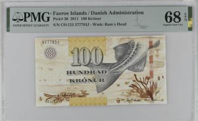 收藏联盟Quantum Auction 第343期拍卖  - 法罗群岛2011年100克朗 PMG68 号码全程无4 豹子号身