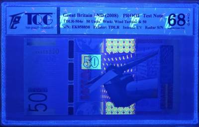PThappally收藏第30次拍卖，英联邦地区硬币纸币 - GREAT BRITAIN, De La Rue Currency Test Note, 2008 50 Energy, "Wind Energy" colorful UV & wide security wire-  TQG 68 GEPQ Superb Gem UNC