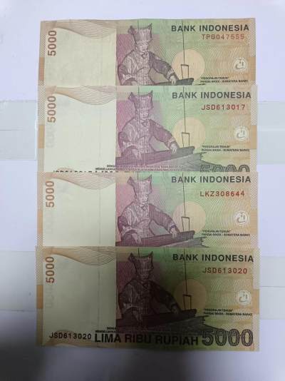【20240510】非全新纸币第135场 - 印度尼西亚5000卢比4张纸币，首张尾号555