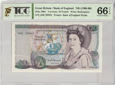 PThappally收藏第30次拍卖，英联邦地区硬币纸币 - GREAT BRITAIN, Bank of England 1980-88 20 Pounds, Pick 380d, Sign. Somerset, S/N. 65B 789952, TQG 65 GEPQ Gem UNC