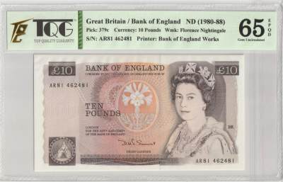 PThappally收藏第30次拍卖，英联邦地区硬币纸币 - GREAT BRITAIN, Bank of England 1980-88, 10 Pounds, Sign. Somerset, Pick 379c NS # AR81 462481, TQG 65 GEPQ Gem UNC