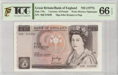 PThappally收藏第30次拍卖，英联邦地区硬币纸币 - GREAT BRITAIN, Bank of England 1975, 10 Pounds, Sign. J.B. Page, Pick 379a NS # S68 315698, TQG 66 EPQD Gem UNC