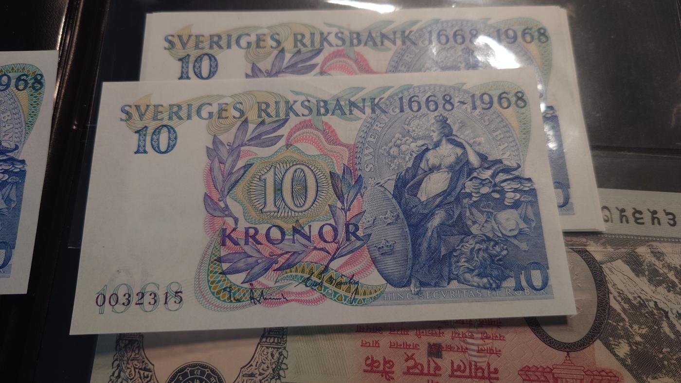【世界钱币】精选微拍第103期暨2024年第14期  部分卖剩新品展示 1968年瑞典10克朗 纪念钞 全新绝品无47尾号2315
