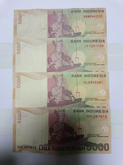【20240510】非全新纸币第135场 - 印度尼西亚5000卢比4张纸币，首张尾号222